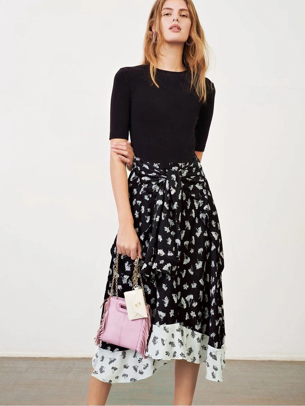 Maje Mixed Media Tie Waist Dress Black & White | Size FR 40 US L